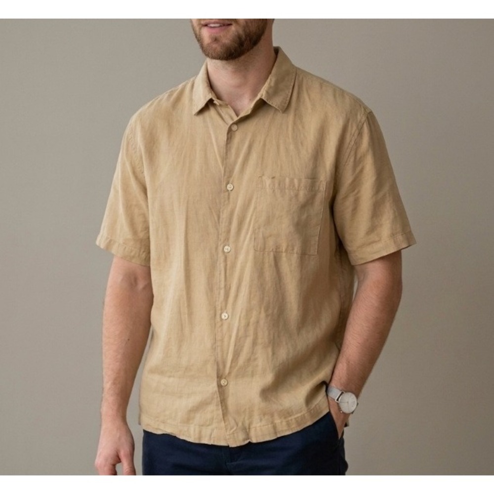 HM Mens Relaxed Fit Linen Cotton Short Sleeve Button Down Shirt Tan Khaki Large